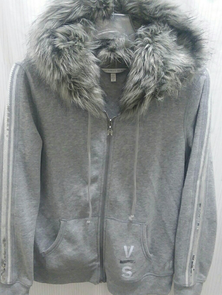 Victoria's Secret grey zip up jacket fur hood